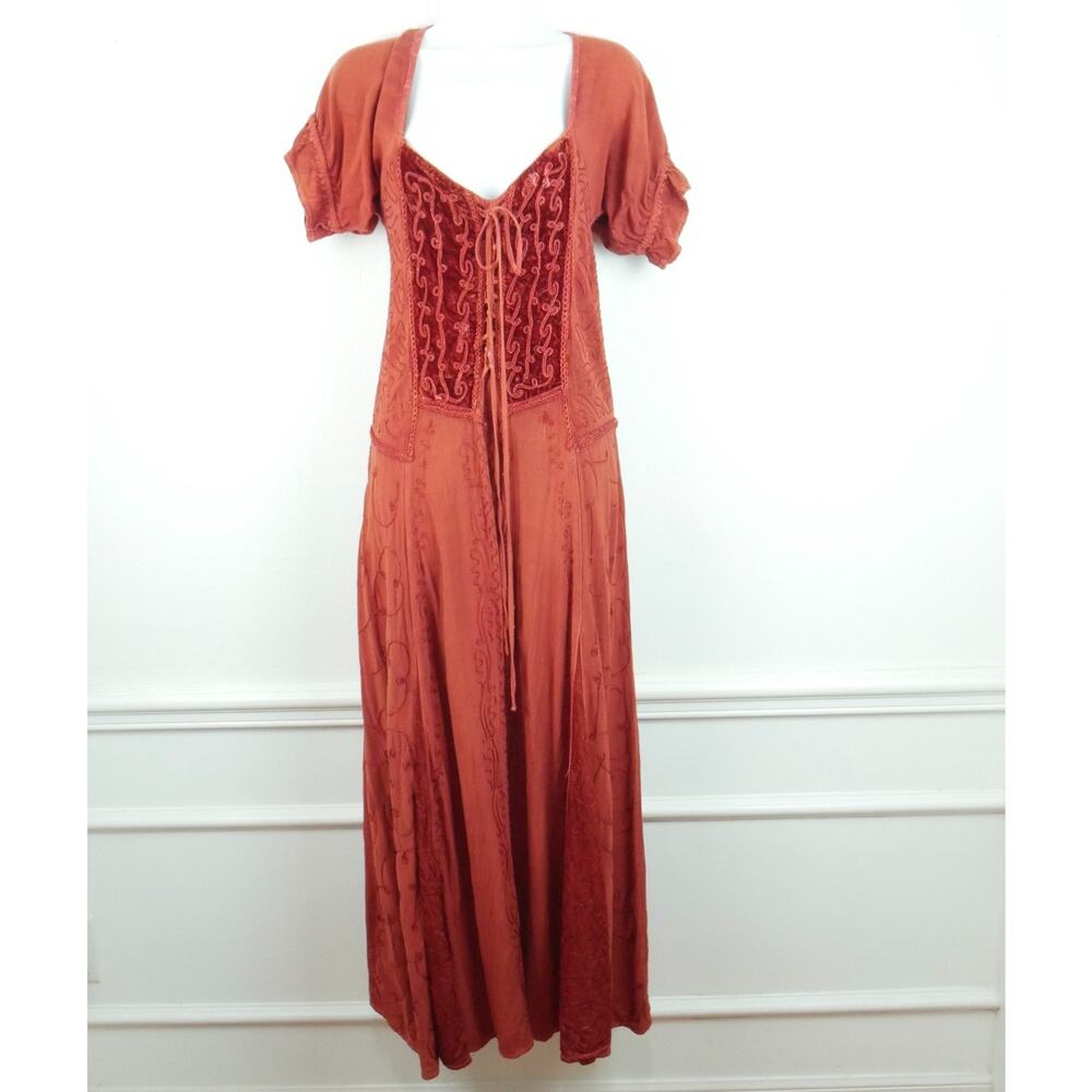 Medieval Embroidered Maxi Dress M Corset Front Renaissance‎ Festival Milkmaid